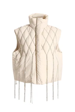 Glittering High Neck Sleeveless Rhinestone Fringe Quilted Down Puffer Vest