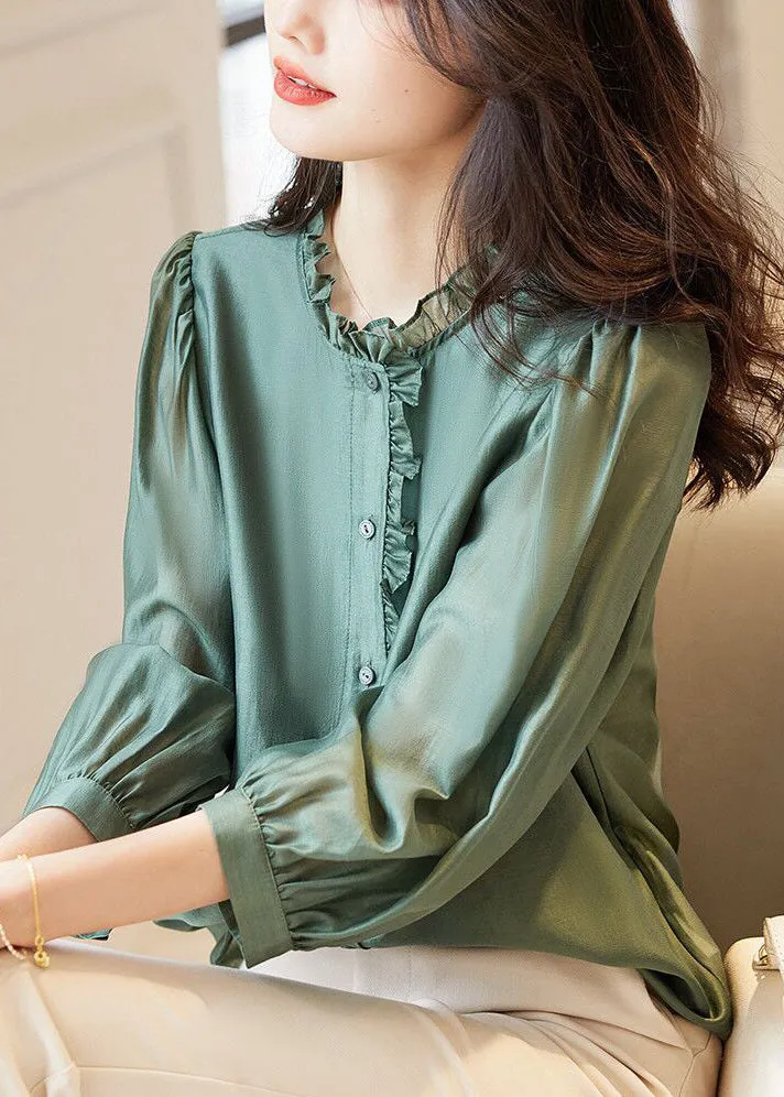 Green Solid Button Chiffon Blouses Ruffled Spring AB1002