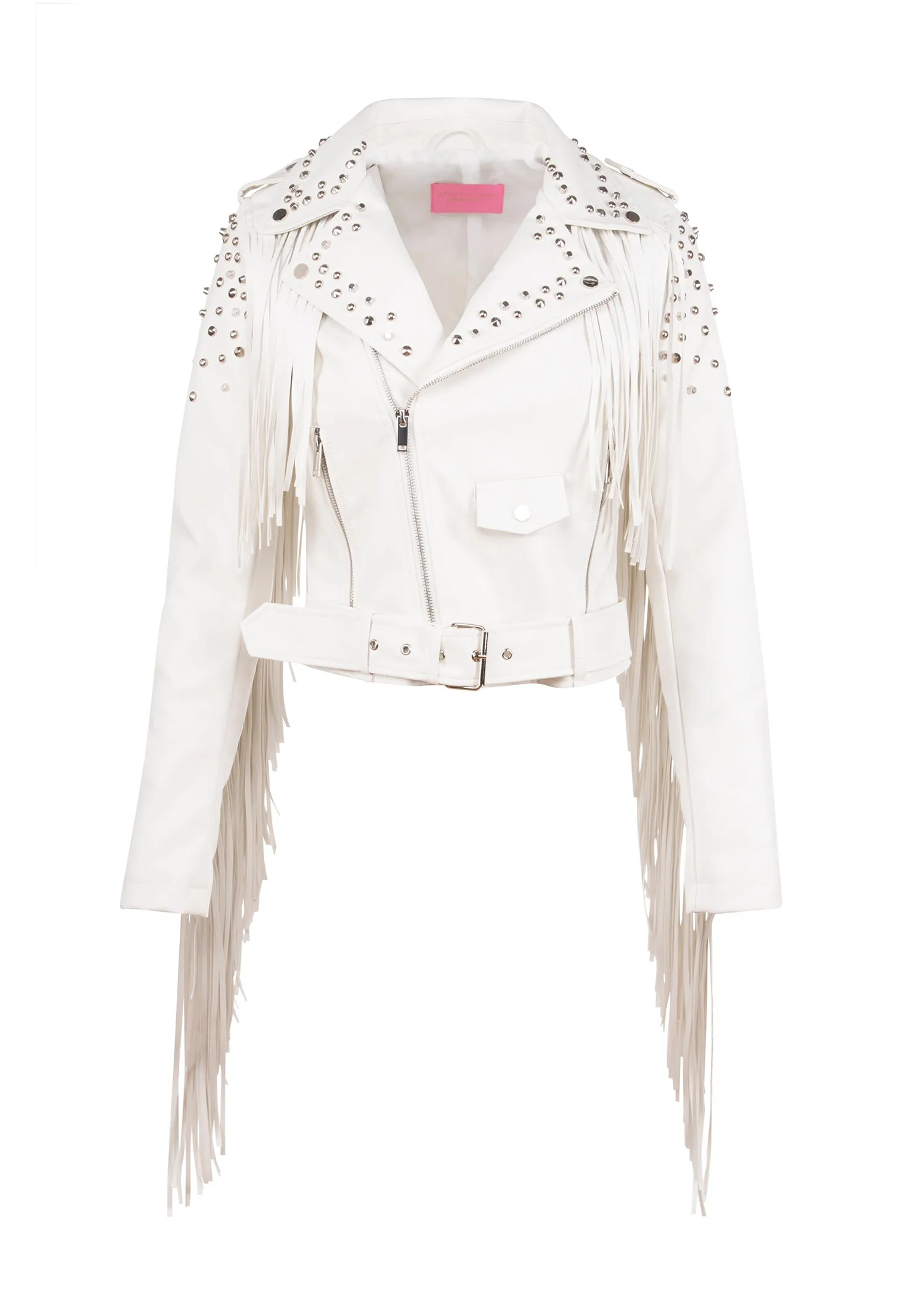 Hall of Fame White Faux Leather Fringe Moto Jacket with Studs