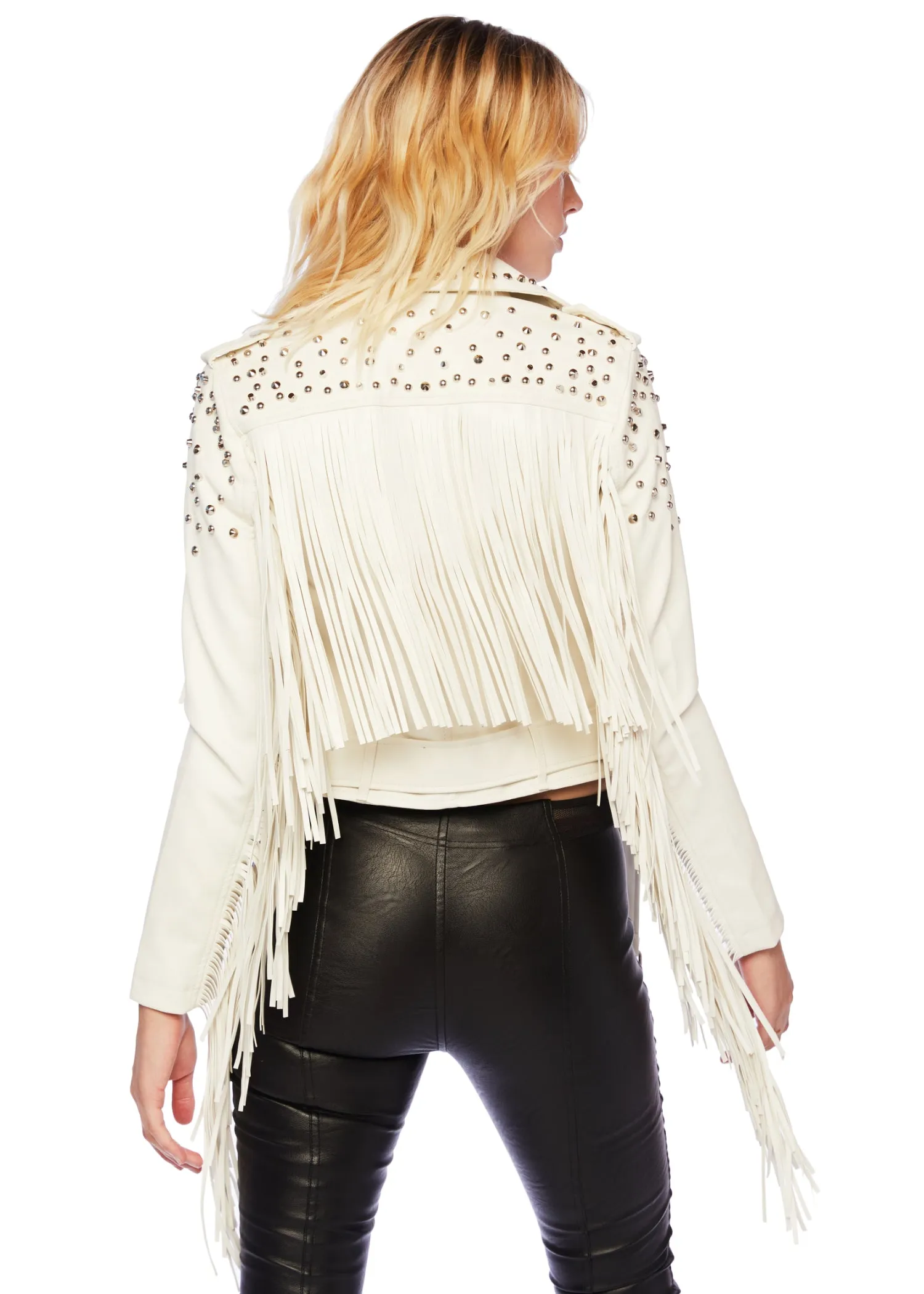 Hall of Fame White Faux Leather Fringe Moto Jacket with Studs