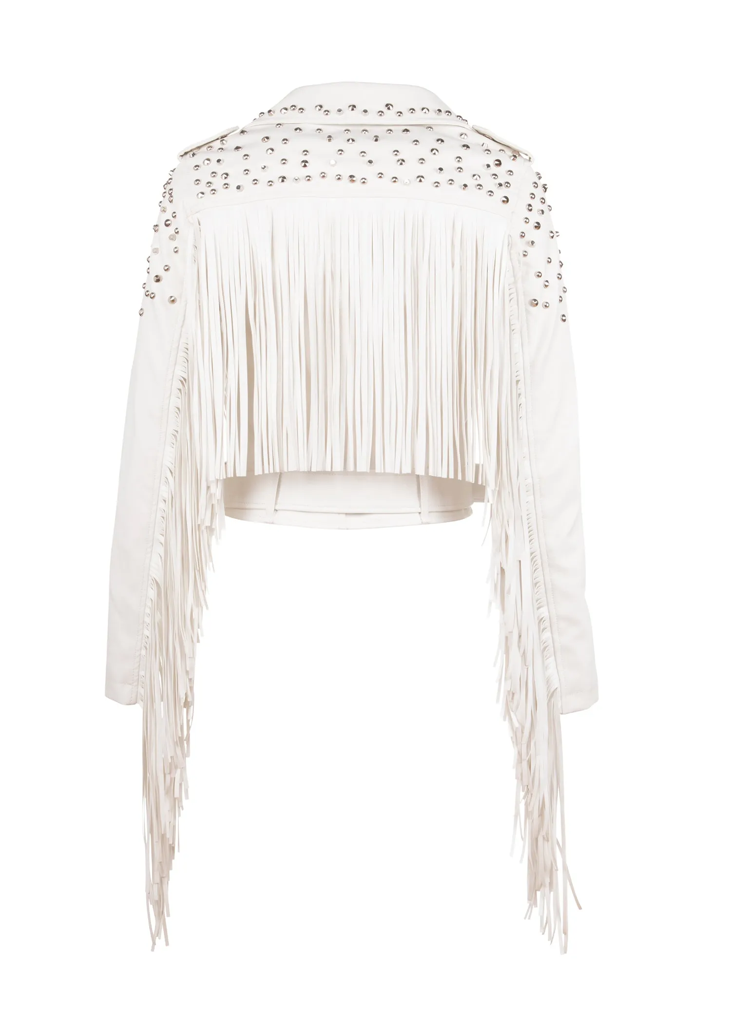 Hall of Fame White Faux Leather Fringe Moto Jacket with Studs