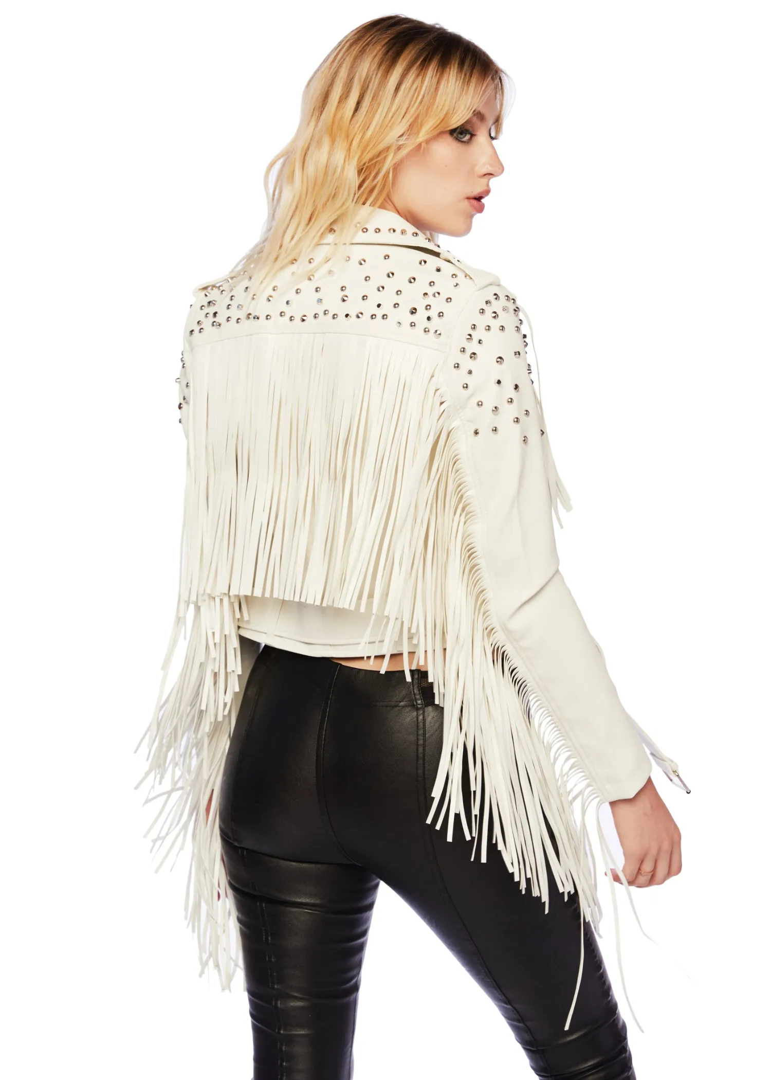 Hall of Fame White Faux Leather Fringe Moto Jacket with Studs