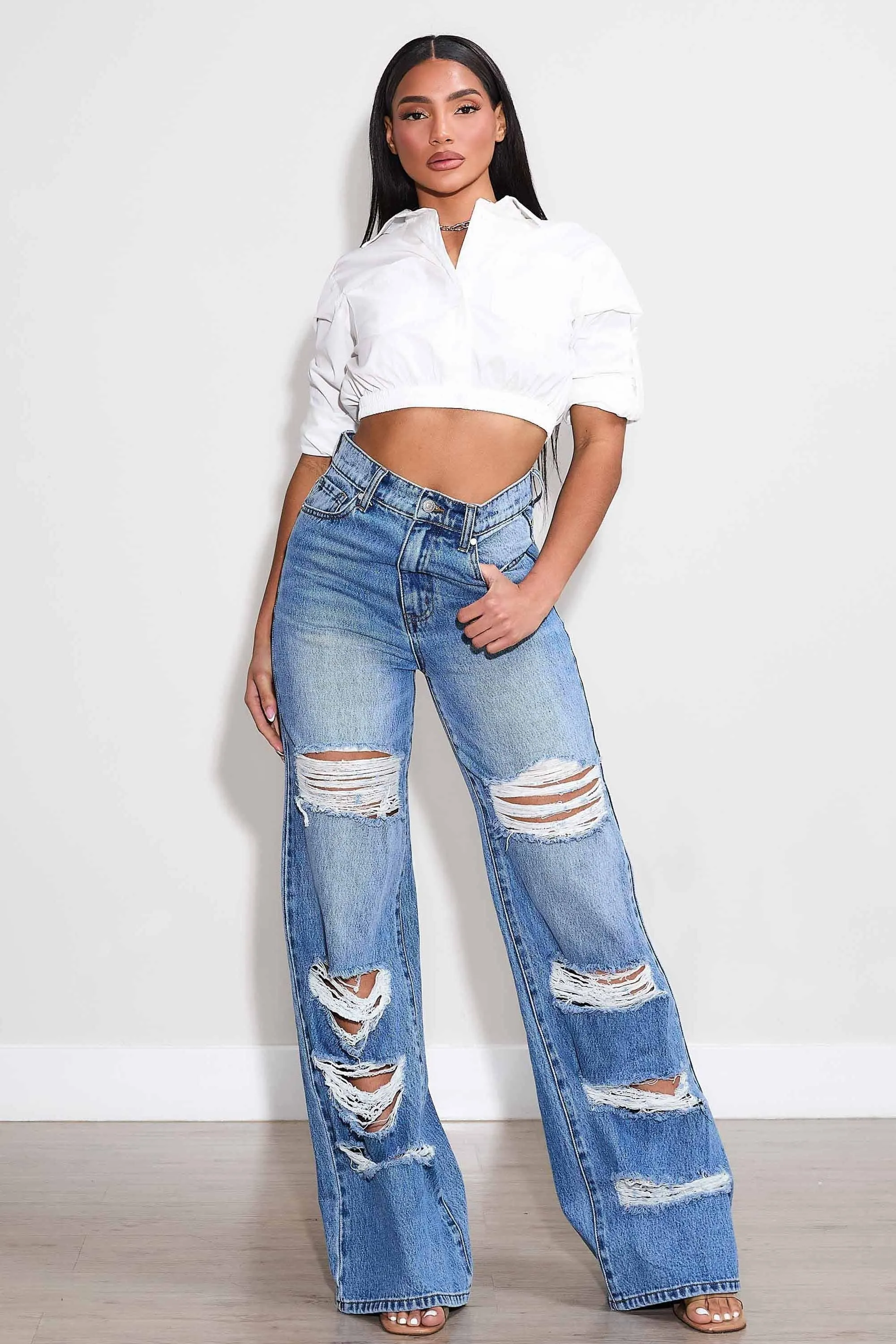 High-Rise Distressed Wide Leg Jeans