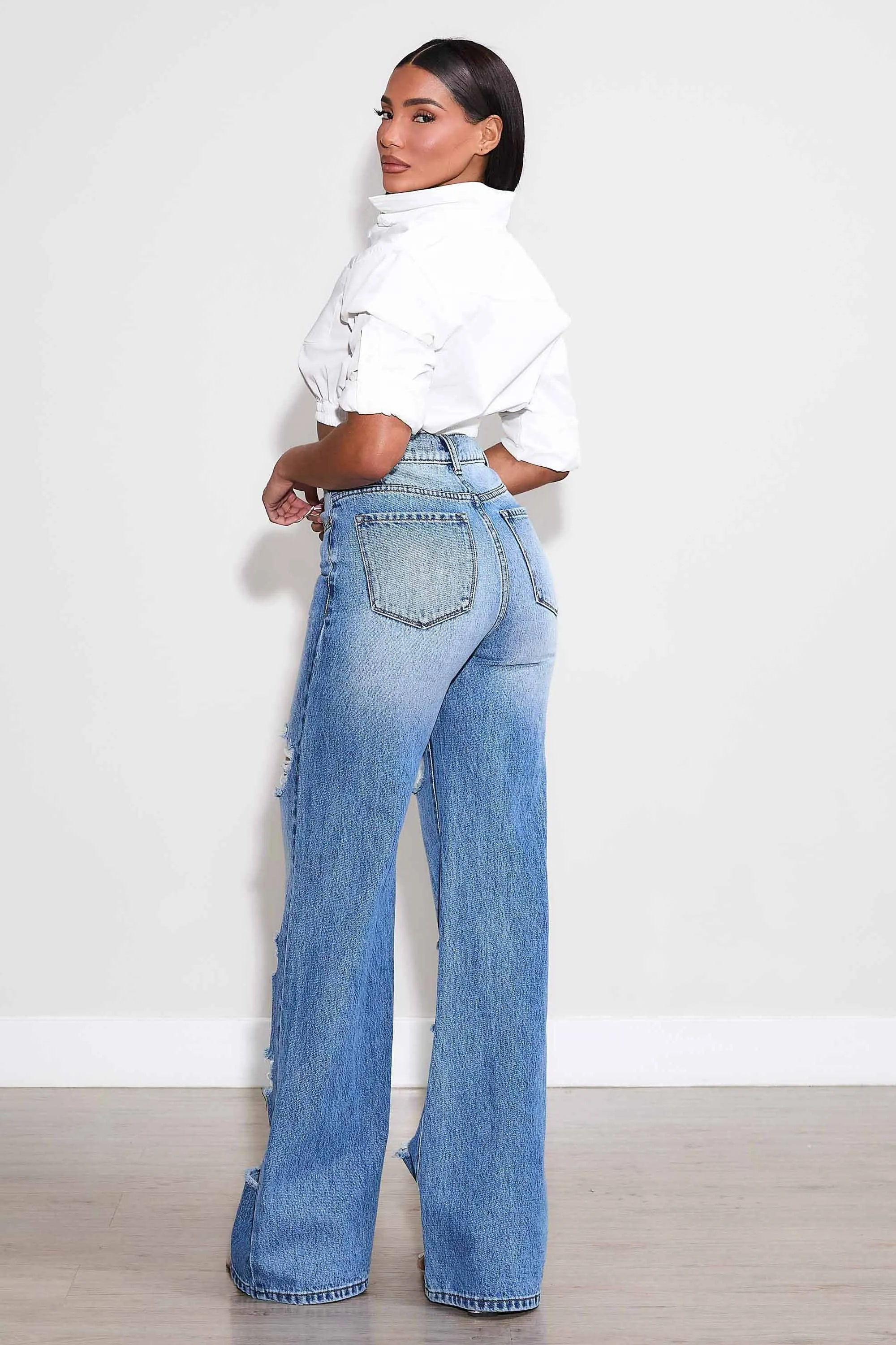 High-Rise Distressed Wide Leg Jeans