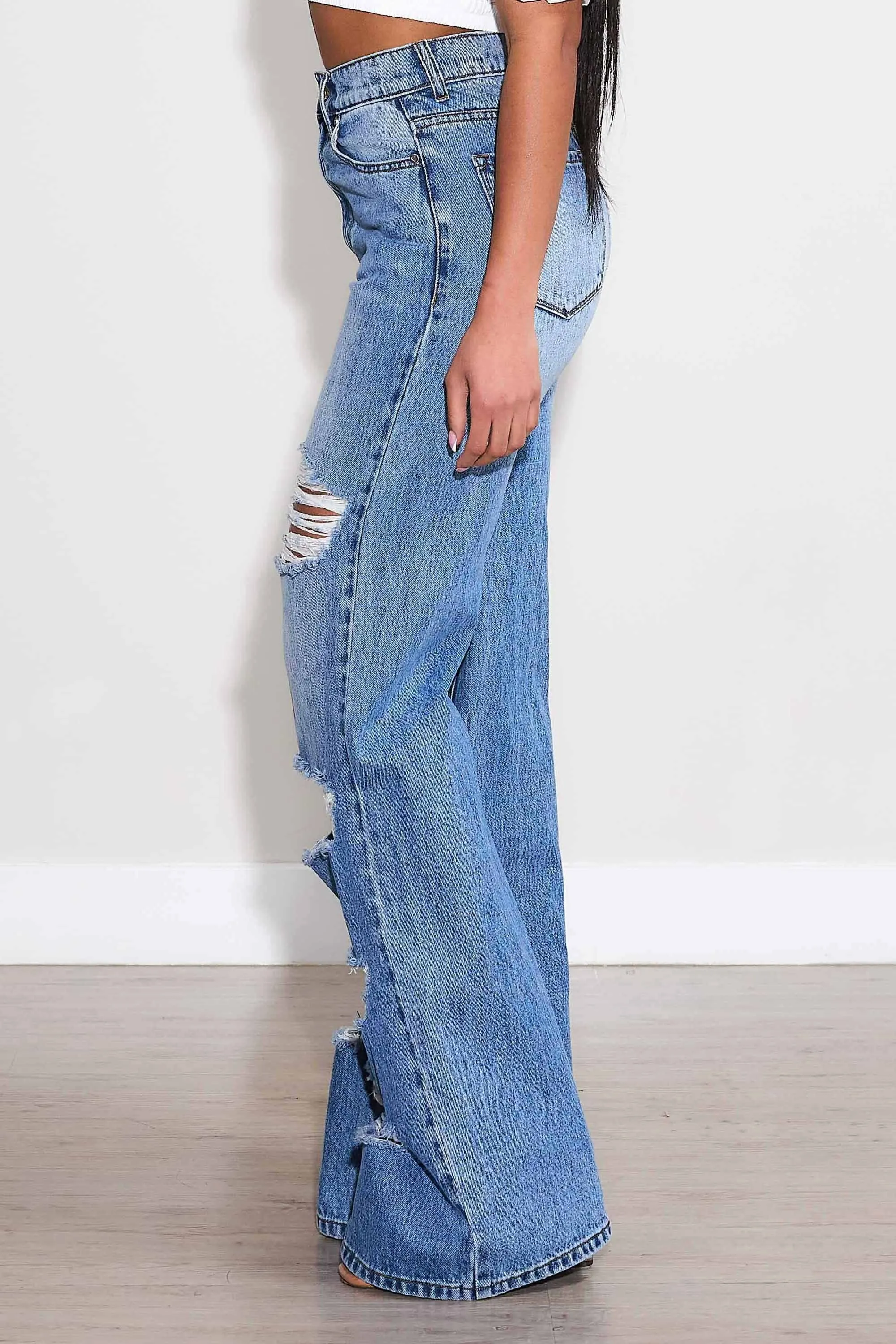 High-Rise Distressed Wide Leg Jeans