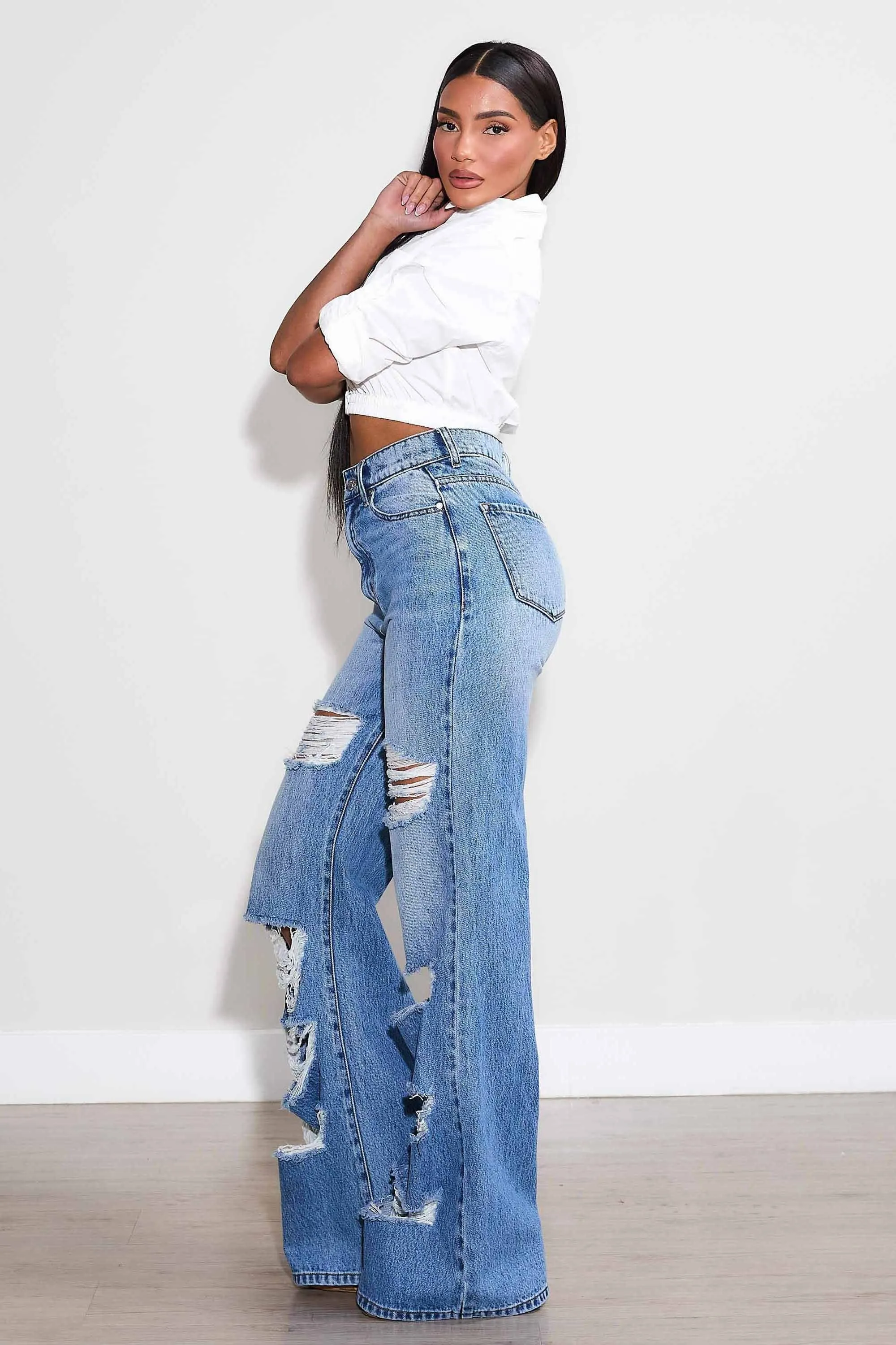 High-Rise Distressed Wide Leg Jeans