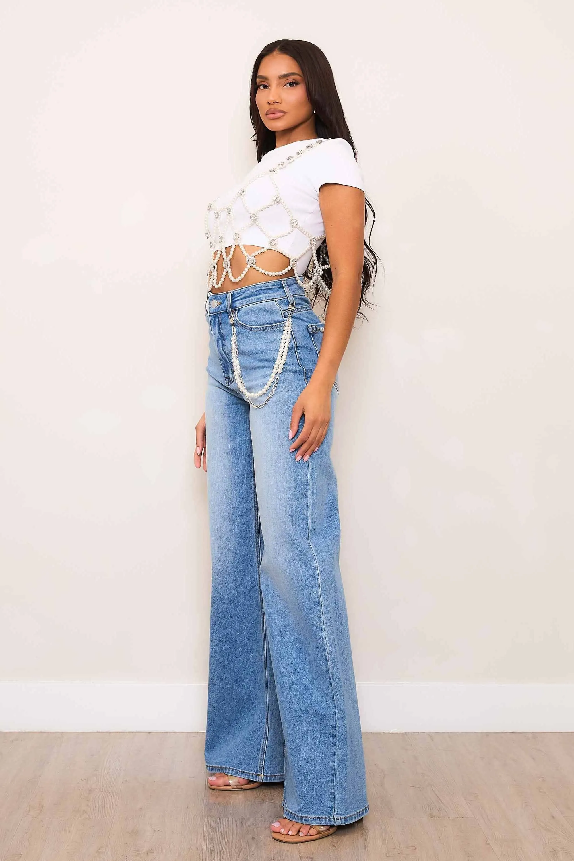 High-Rise Wide Leg Jeans With Pearl String