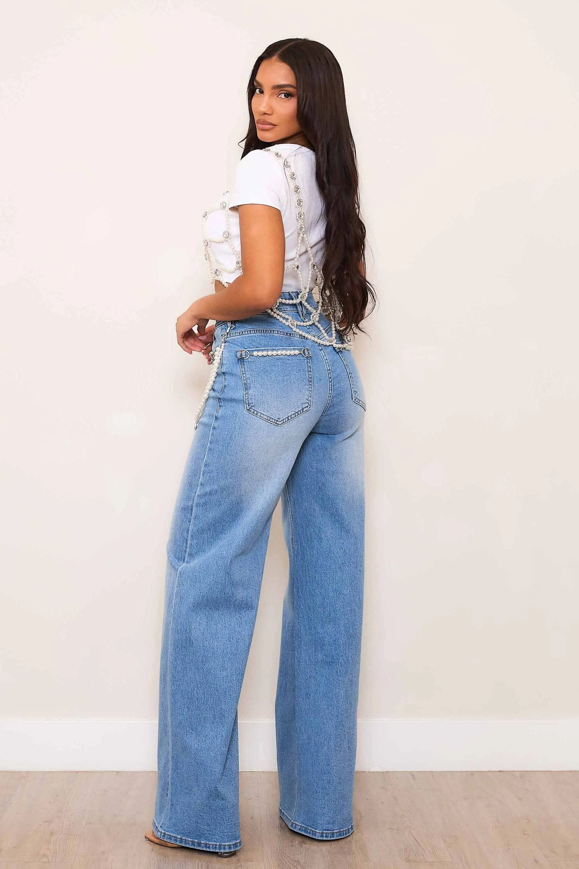 High-Rise Wide Leg Jeans With Pearl String