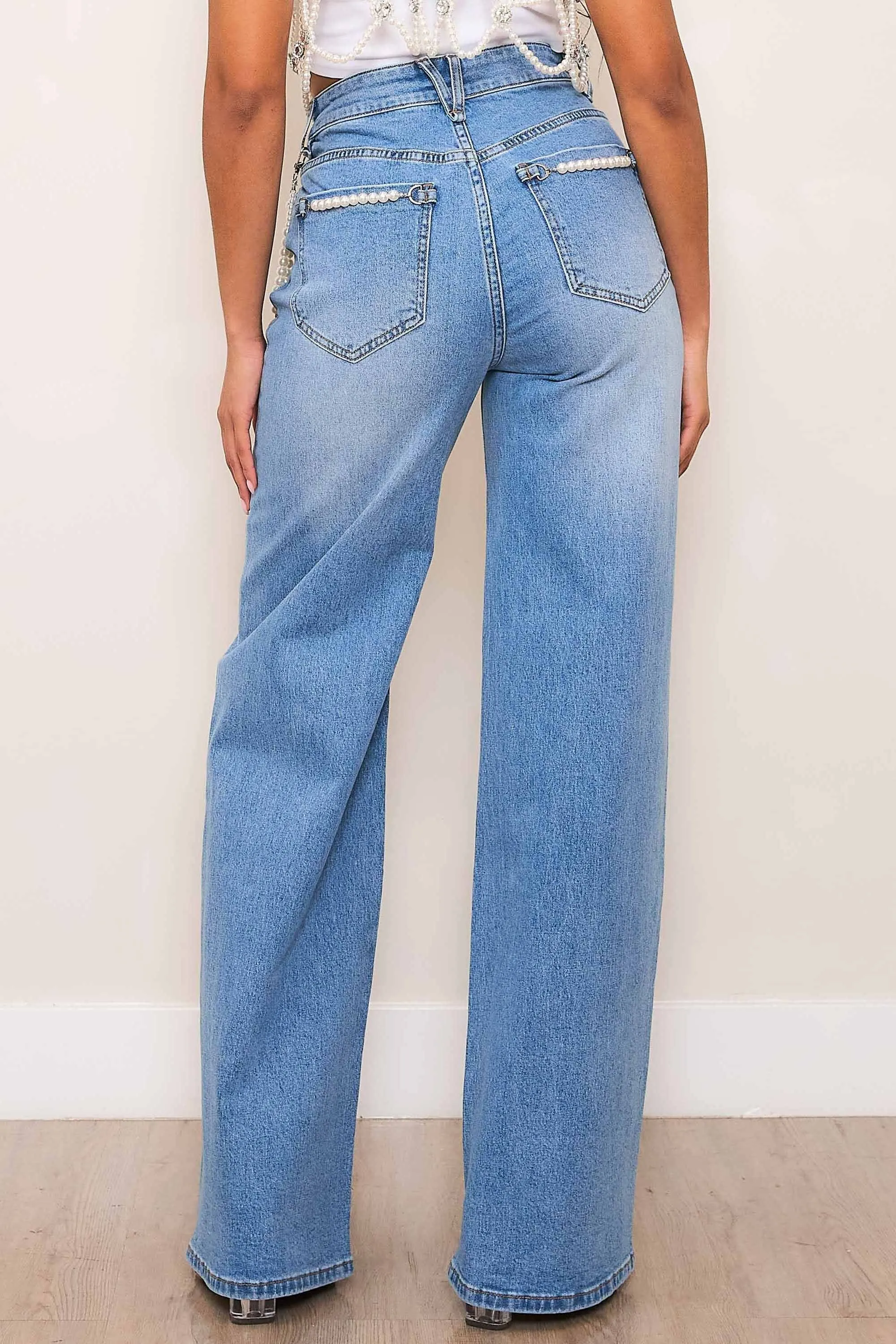 High-Rise Wide Leg Jeans With Pearl String