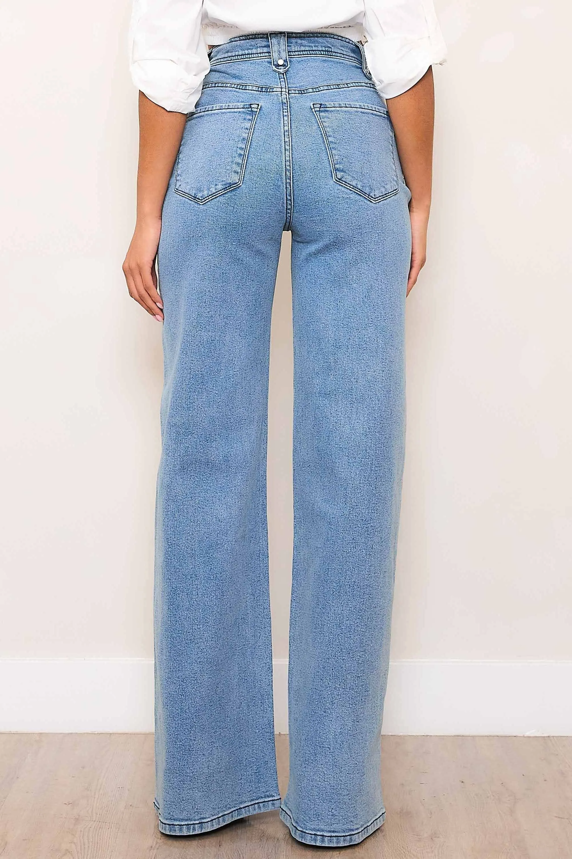 High-Rise Wide Leg Jeans With Waist Snap Button