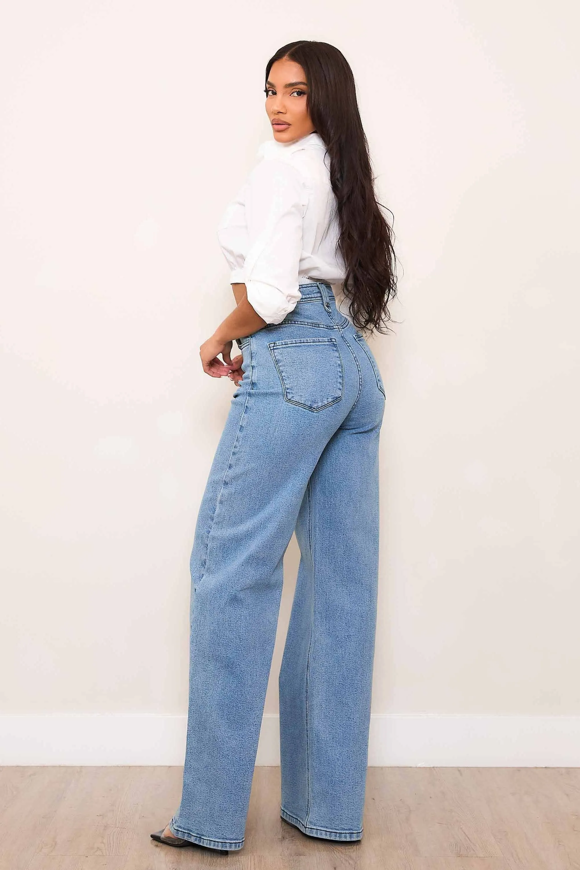 High-Rise Wide Leg Jeans With Waist Snap Button