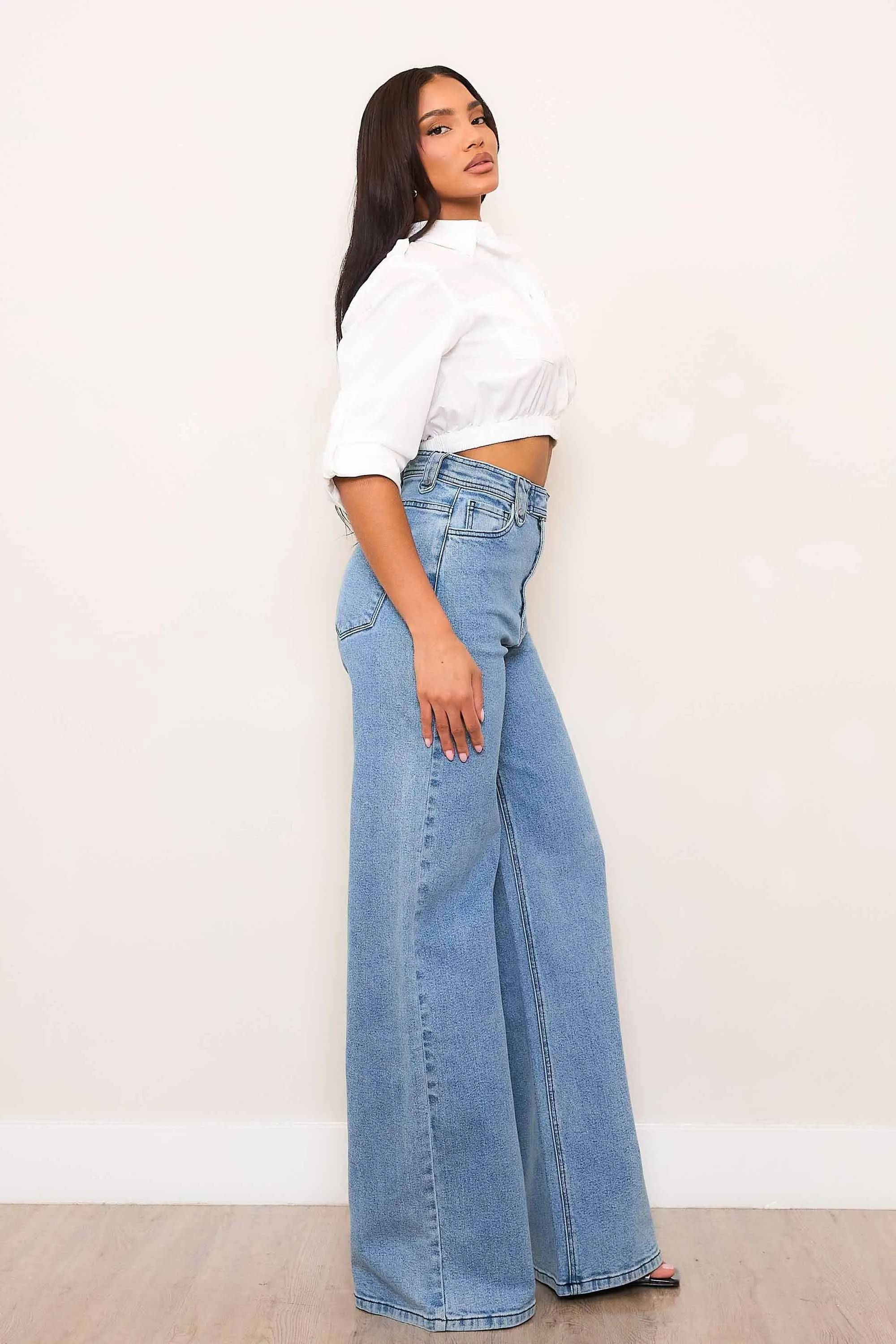 High-Rise Wide Leg Jeans With Waist Snap Button