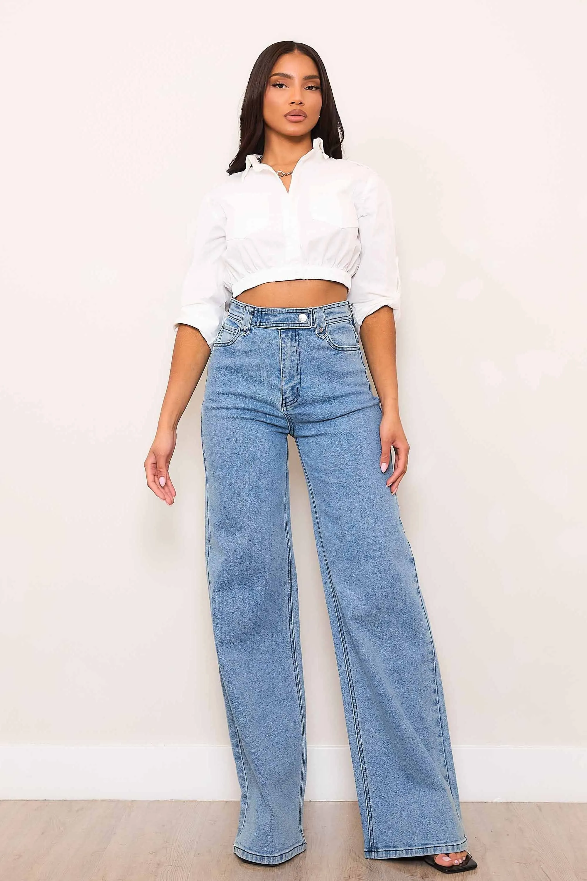 High-Rise Wide Leg Jeans With Waist Snap Button