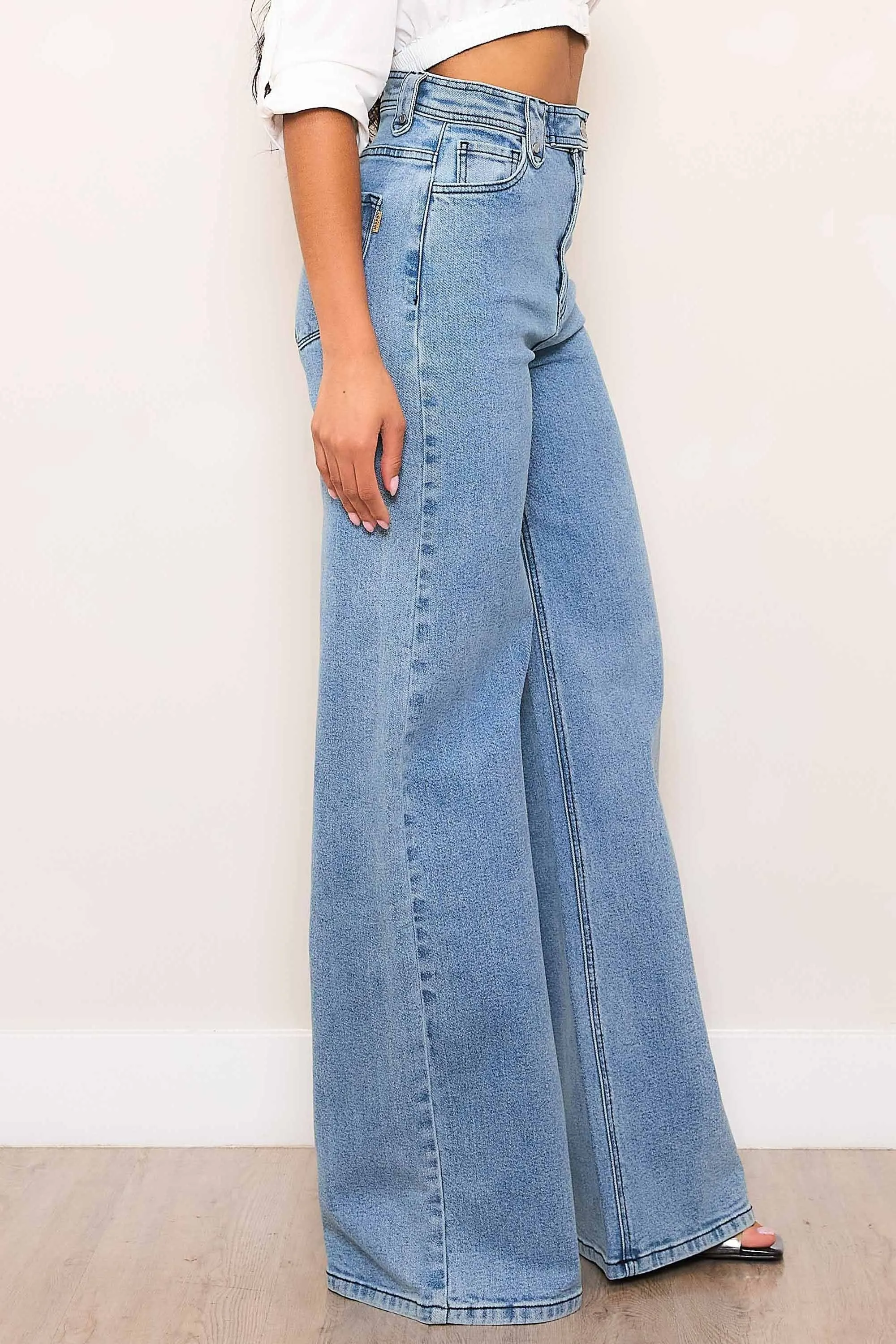 High-Rise Wide Leg Jeans With Waist Snap Button