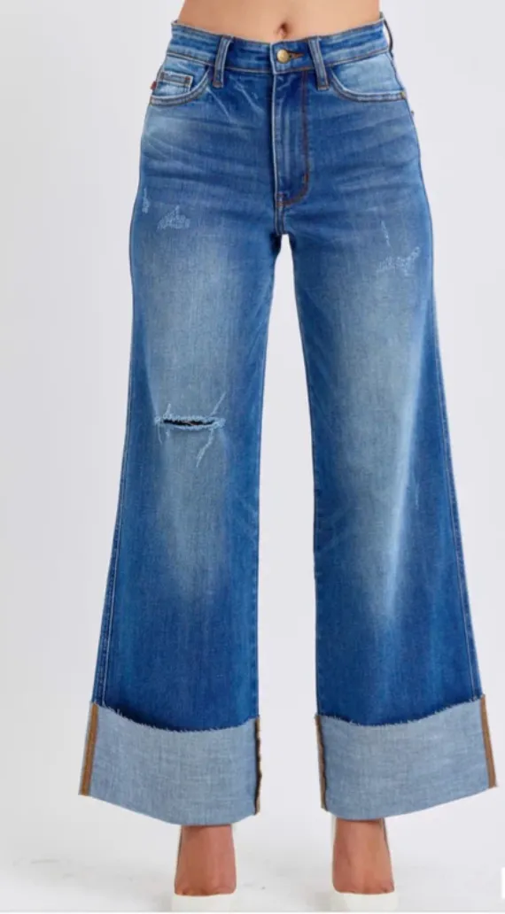 High Waist Retro Wide Leg Denim with Cuff