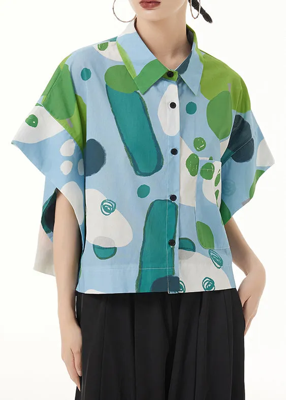 Italian Green Print Button Patchwork Cotton Blouses Batwing Sleeve LY9486