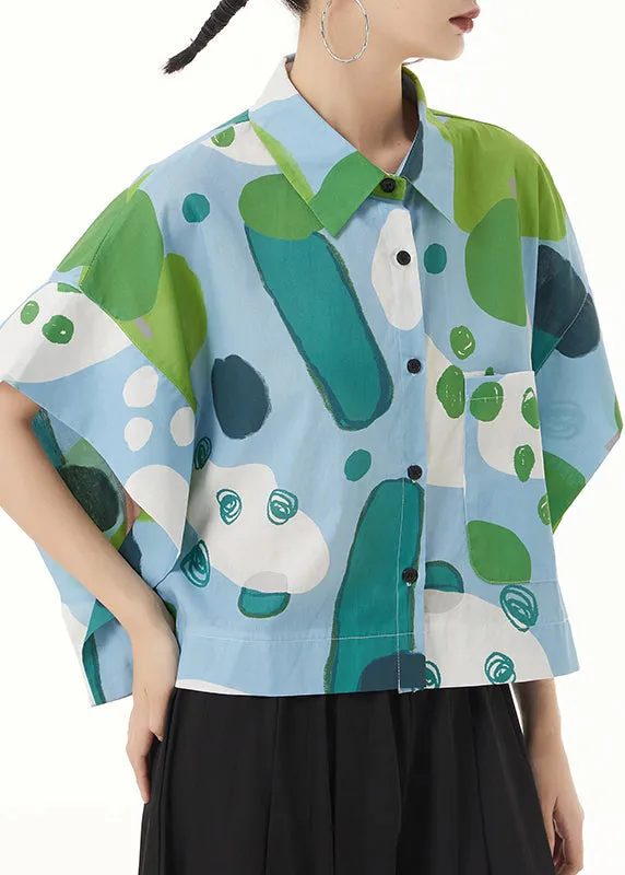 Italian Green Print Button Patchwork Cotton Blouses Batwing Sleeve LY9486