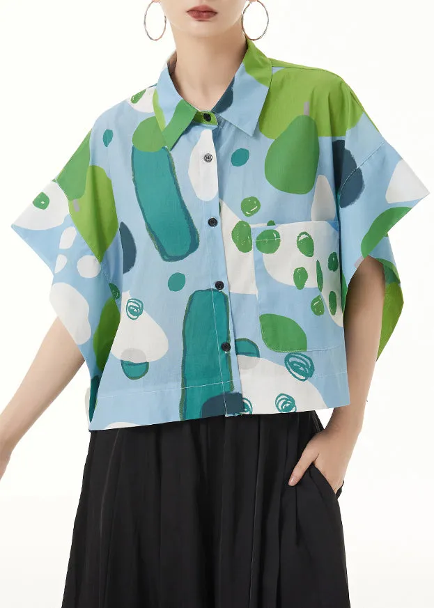 Italian Green Print Button Patchwork Cotton Blouses Batwing Sleeve LY9486