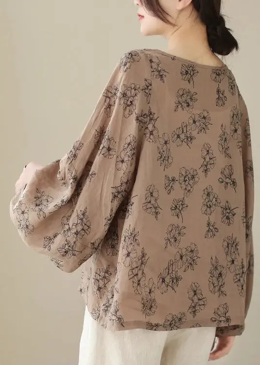 Khaki Print Cotton Blouses Oversized Lantern Sleeve LY8638