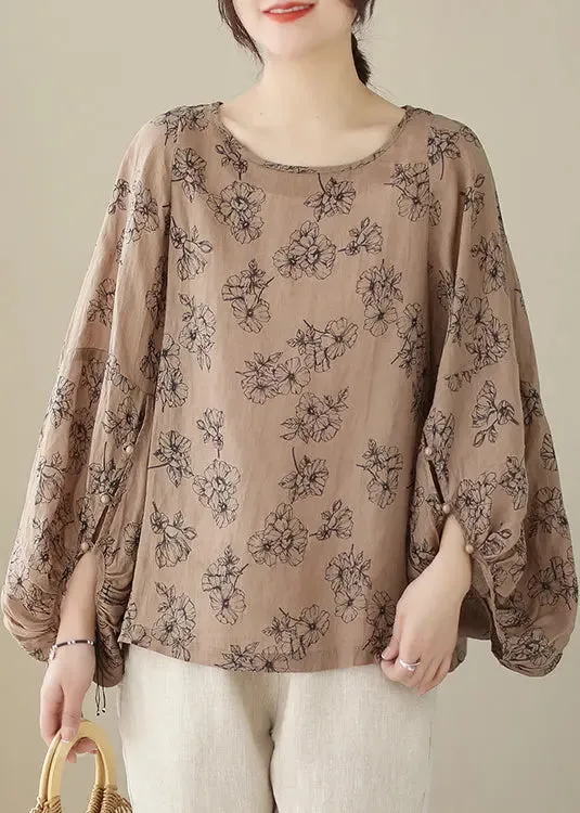 Khaki Print Cotton Blouses Oversized Lantern Sleeve LY8638