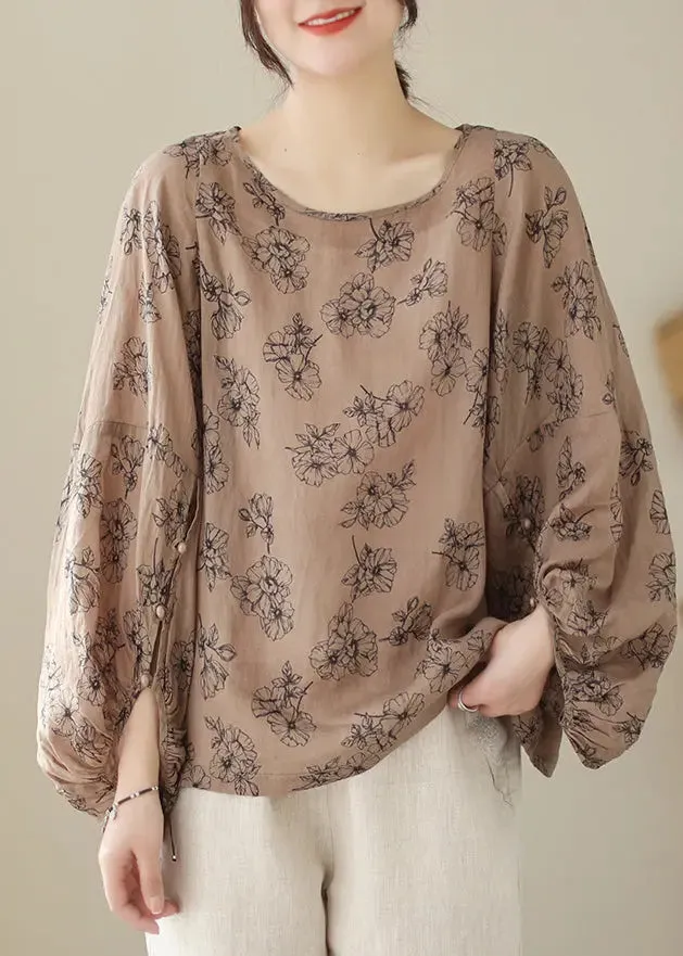 Khaki Print Cotton Blouses Oversized Lantern Sleeve LY8638