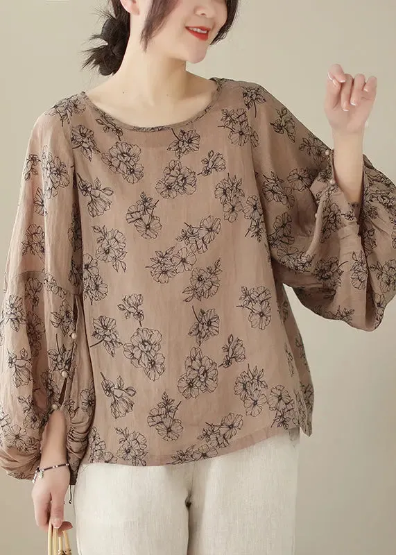 Khaki Print Cotton Blouses Oversized Lantern Sleeve LY8638