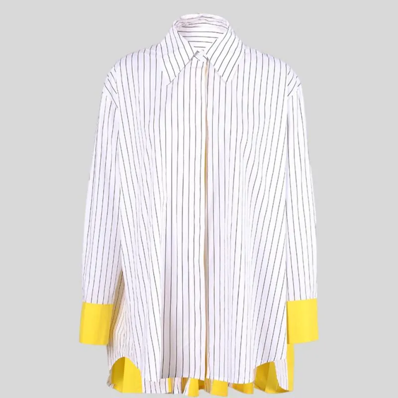 Lapel Single Breasted Full Sleeves Stripe Back Contrast Stitching Blouses