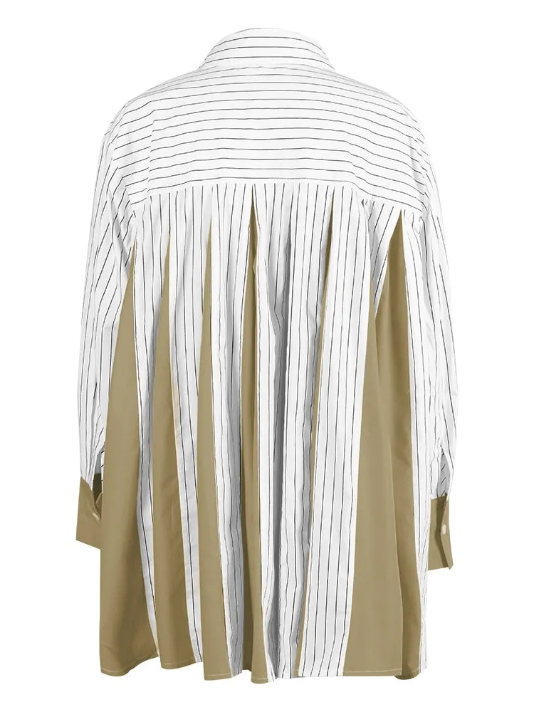 Lapel Single Breasted Full Sleeves Stripe Back Contrast Stitching Blouses