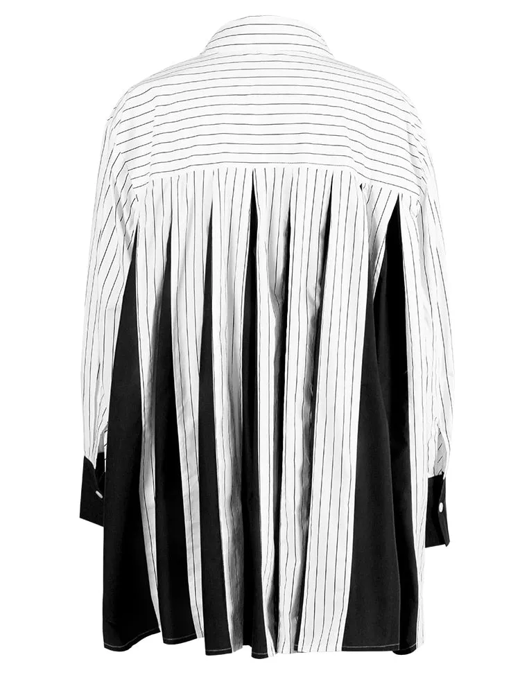 Lapel Single Breasted Full Sleeves Stripe Back Contrast Stitching Blouses