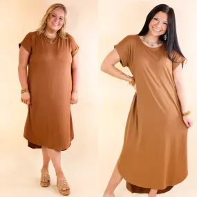 Last Chance Size Small & XL | Chill Looks Short Sleeve Thin Ribbed Midi Dress in Caramel Brown