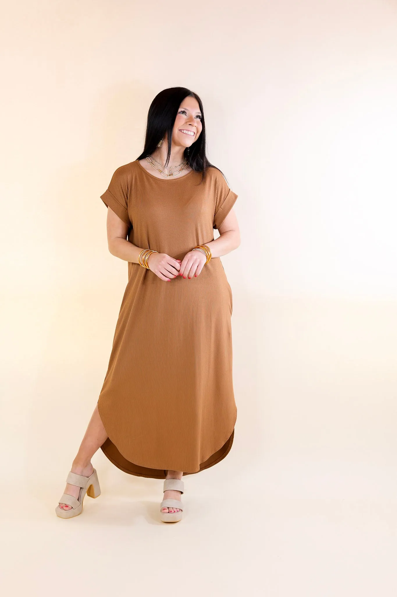 Last Chance Size Small & XL | Chill Looks Short Sleeve Thin Ribbed Midi Dress in Caramel Brown