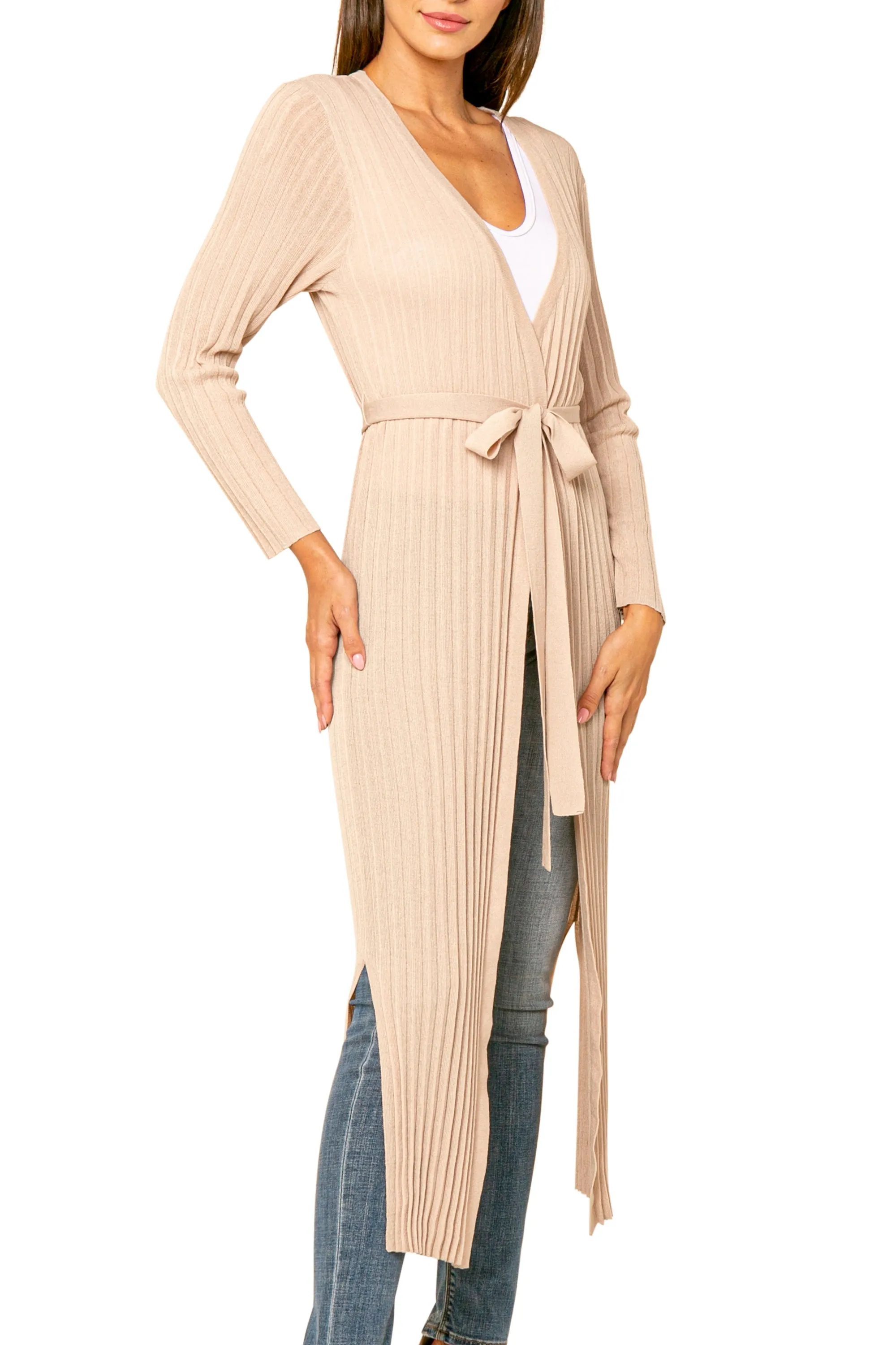 Liam Pleated Crinkle Long Sash Tied Cardigan