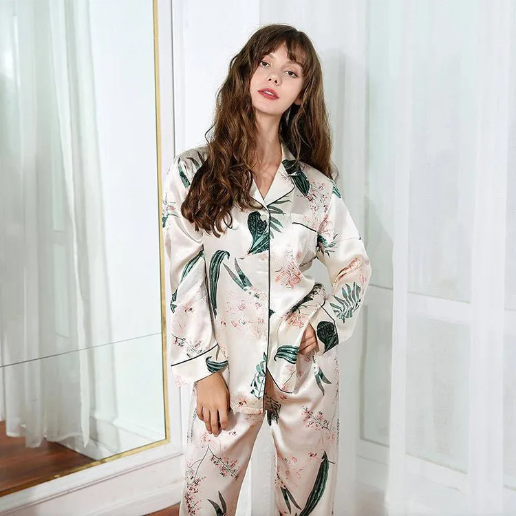 Long Flower Print silk pajamas Mulberry Luxury Silk Sleepwear Best Pajama Set For Women