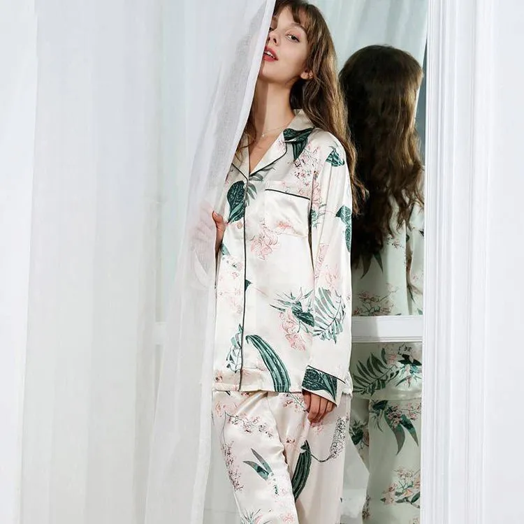 Long Flower Print silk pajamas Mulberry Luxury Silk Sleepwear Best Pajama Set For Women