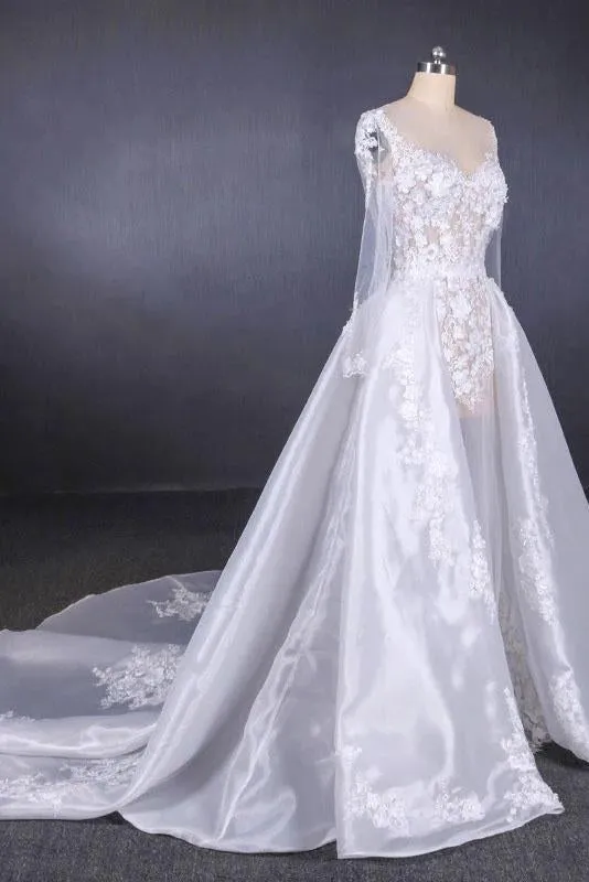 Long Sleeve Sweetheart White Bridal Dresses with Applique, Wedding Dresses SWK15250