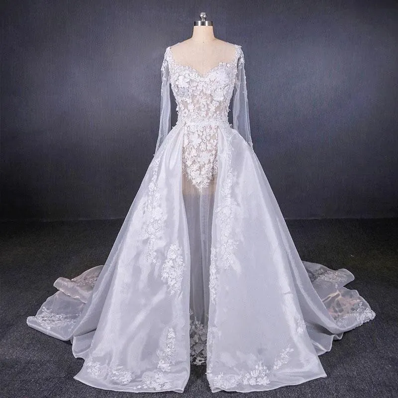 Long Sleeve Sweetheart White Bridal Dresses with Applique, Wedding Dresses SWK15250