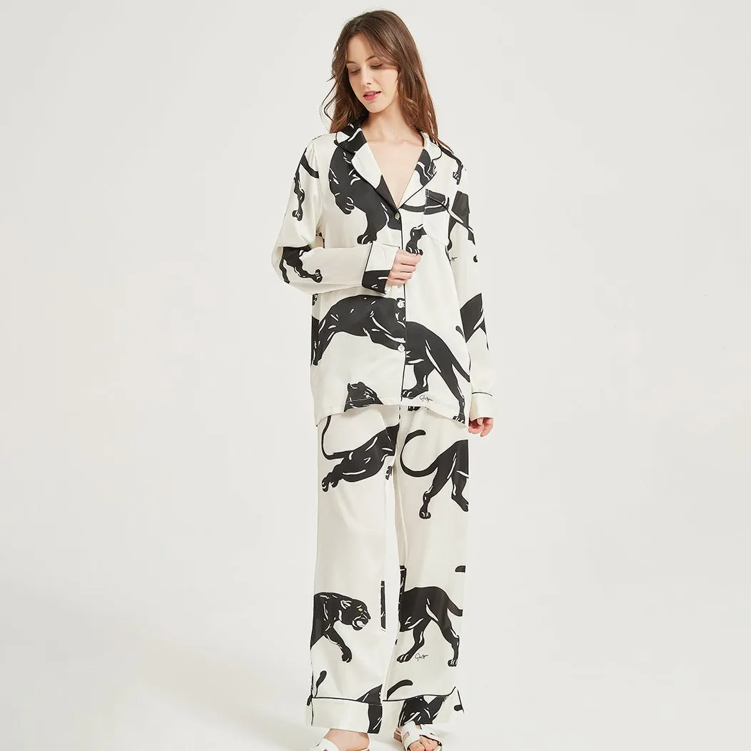 Long Sleeves Silk Pajama Set Luxury Panther printed Silk Sleepwear