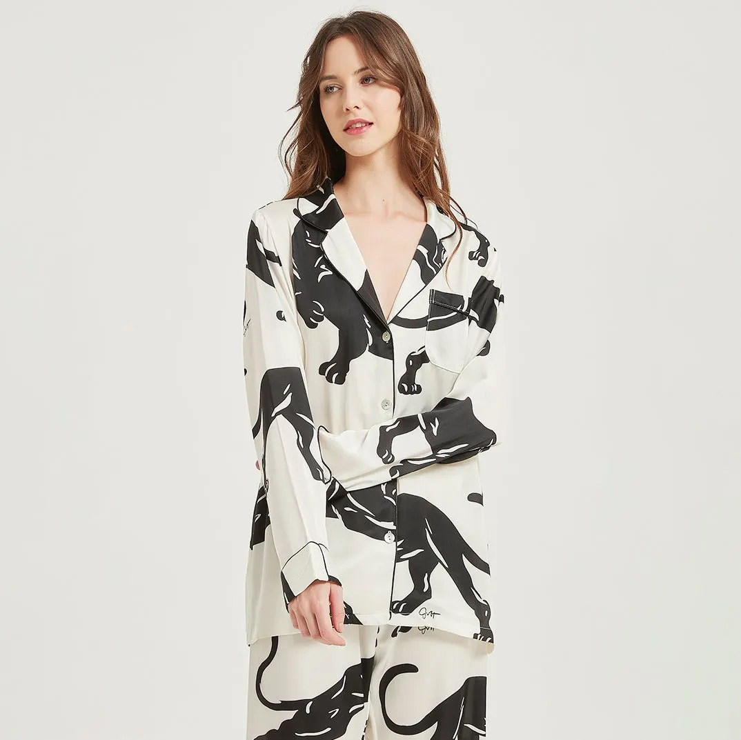 Long Sleeves Silk Pajama Set Luxury Panther printed Silk Sleepwear