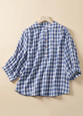 Loose Blue Plaid Stand Collar Cotton Blouses Bracelet Sleeve AM1061