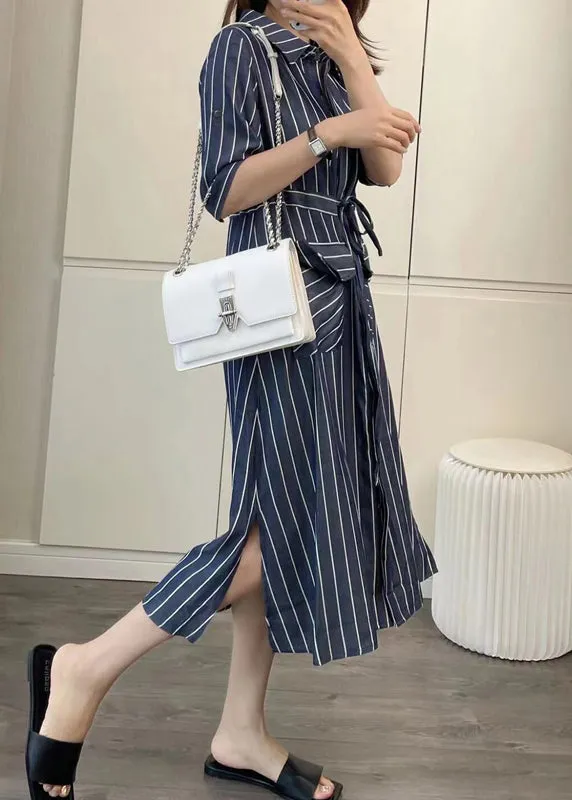 Loose Striped Button Lace Up Denim Blouses Dress Half Sleeve ZL049