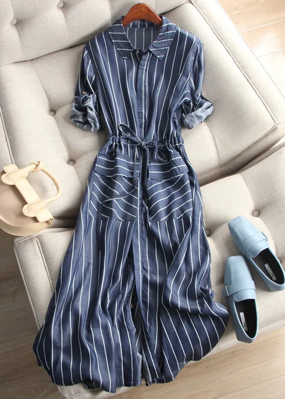 Loose Striped Button Lace Up Denim Blouses Dress Half Sleeve ZL049