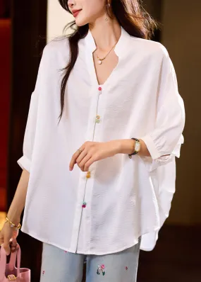 Loose White Ruffled Button Solid Blouses Bracelet Sleeve AC1016