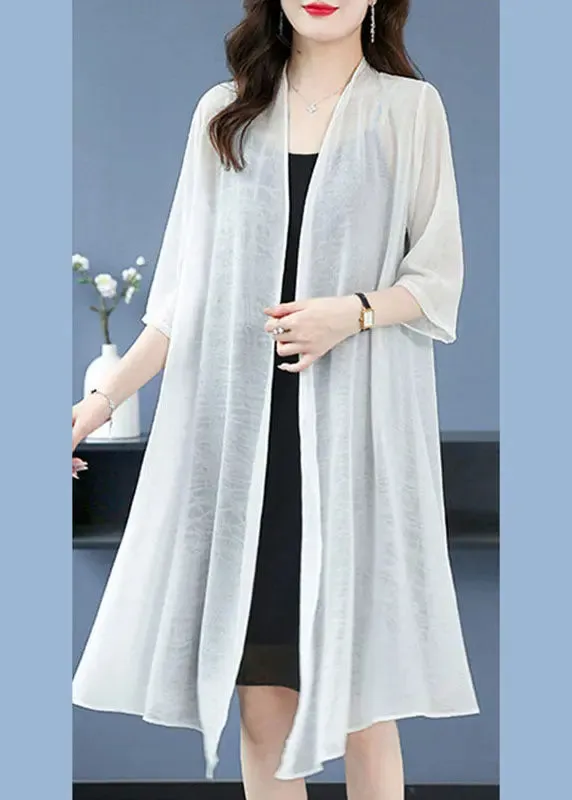 Loose White V Neck Solid Thin Silk Cardigans Summer LY8075