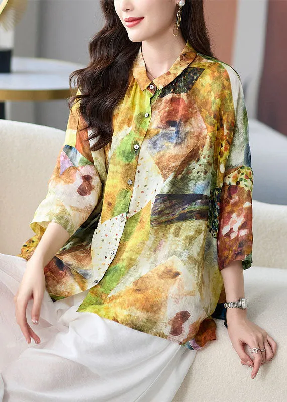 Loose Yellow Peter Pan Collar Button Print Linen Blouses Tops Summer TF1022