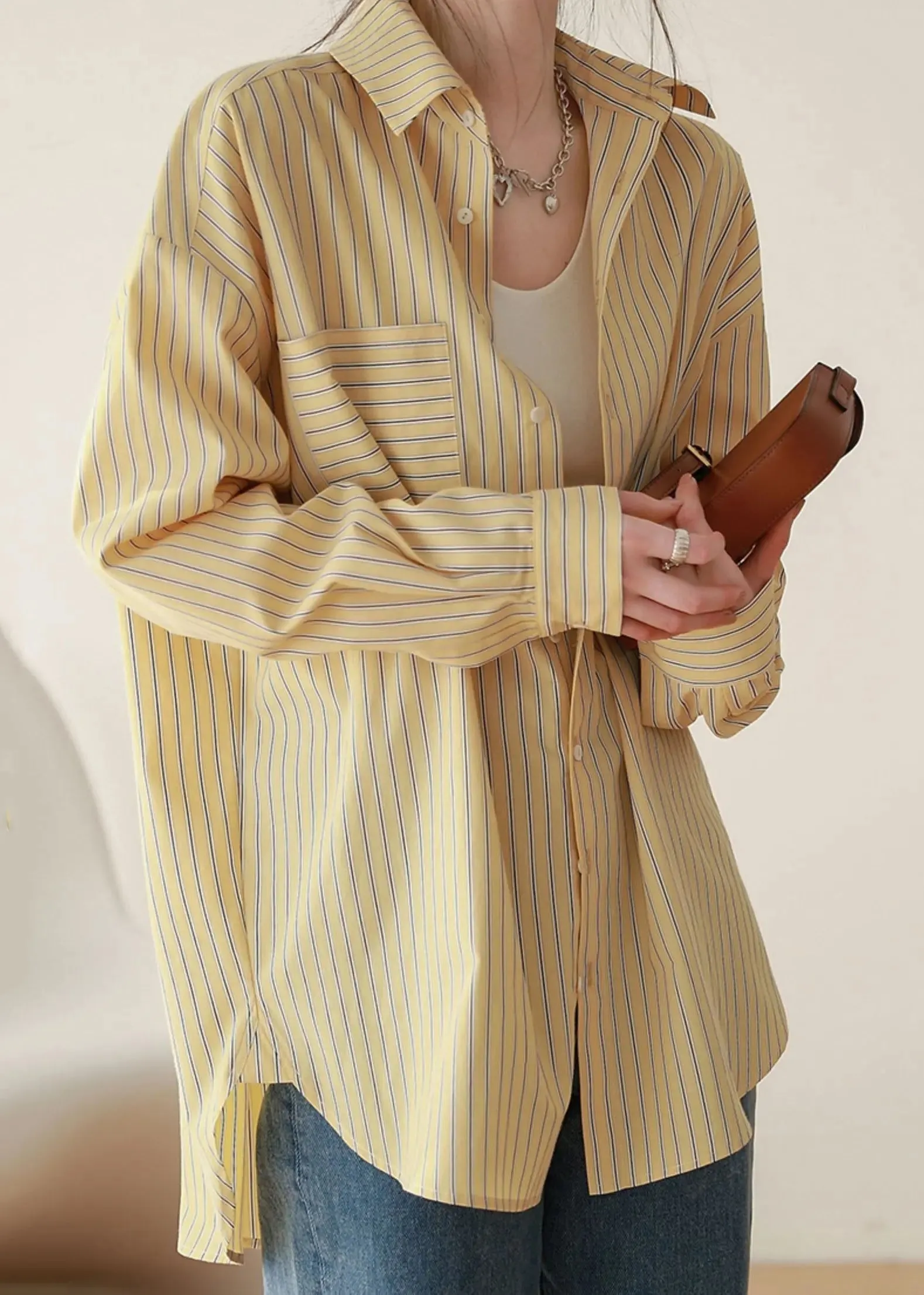 Loose Yellow Striped Button Patchwork Cotton Blouses Fall ML2931