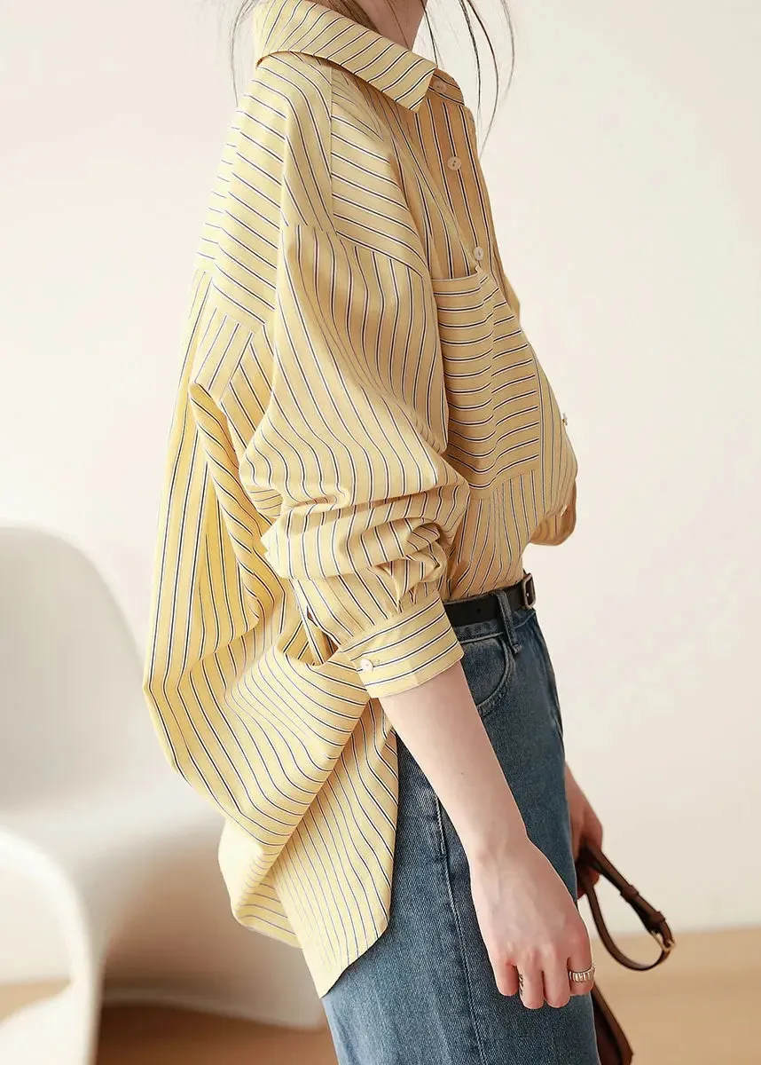 Loose Yellow Striped Button Patchwork Cotton Blouses Fall ML2931