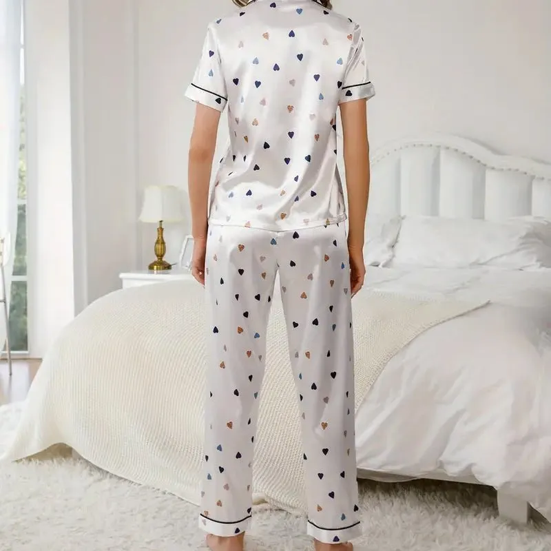 Love Heart Printed Silk Sleepwear Silk Pajamas Set For Women