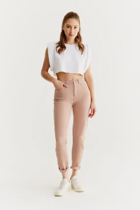 Lynn - Mid Waist 5 Pocket Mom Jeans - Dusty Rose