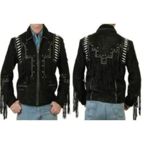 Men's Black Cowboy Suede Jacket, Cowboy Style Suede Jacket With Fringe