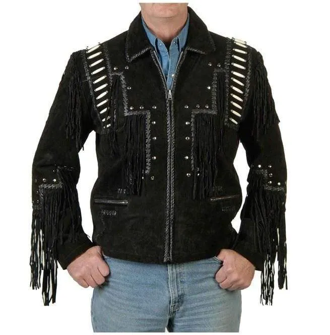 Men's Black Cowboy Suede Jacket, Cowboy Style Suede Jacket With Fringe